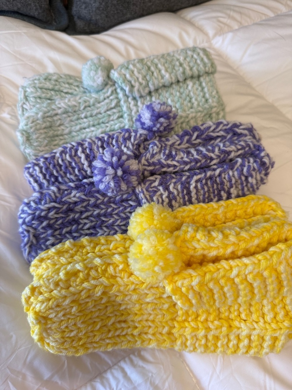 Hand-Knit Pom Slippers - Yellow, Purple, Mint